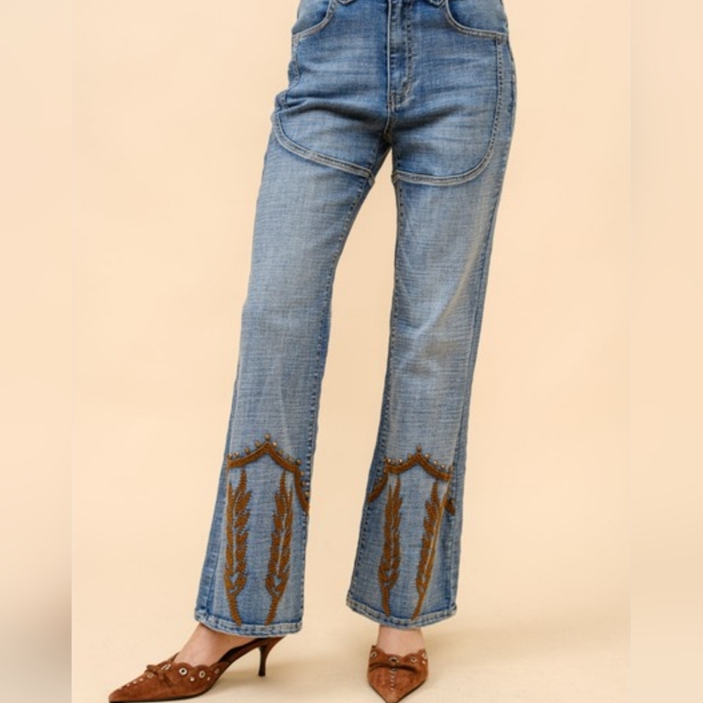 Wide Leg Embroidered Hem Blue Jeans